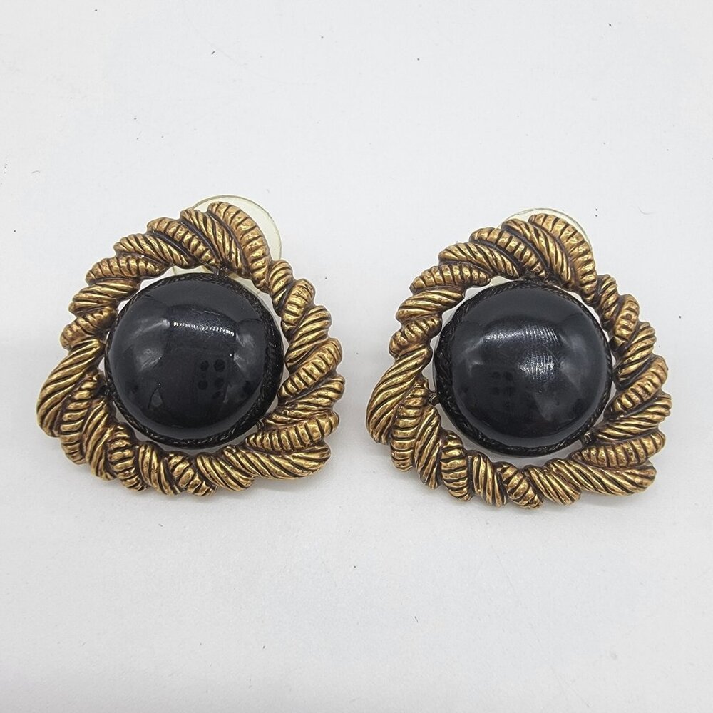 Vintage 60s Gold Tone Triangle‎ Black Stone Pierced Earrings